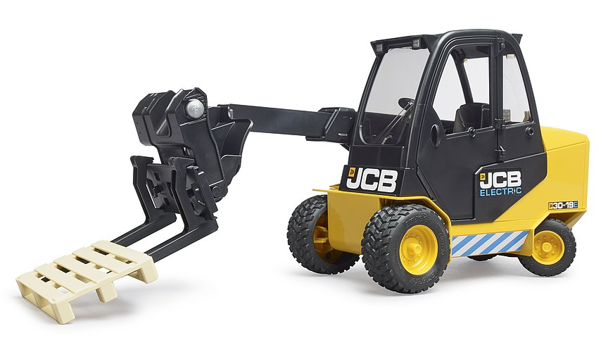 JCB Teletruk electric forklift with telescopic boom and adjustable forks in black and yellow design for ages 4 and up.