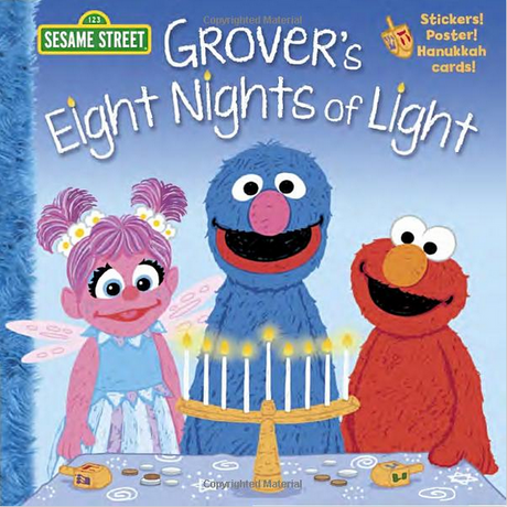 Grover’s Eight Nights of Light book cover showing Sesame Street characters celebrating Hanukkah with a menorah and dreidels.