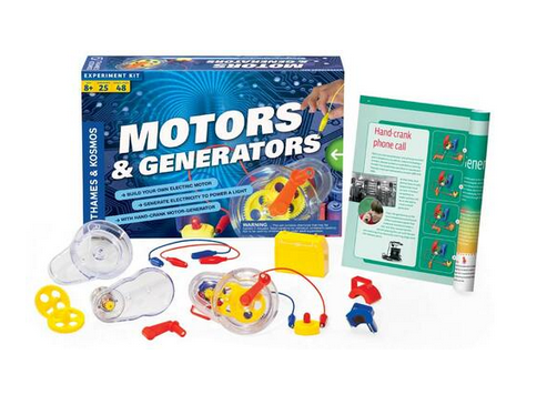 Motors & Generators experiment kit with clear motor parts, wires, and colorful manual for hands-on STEM learning.