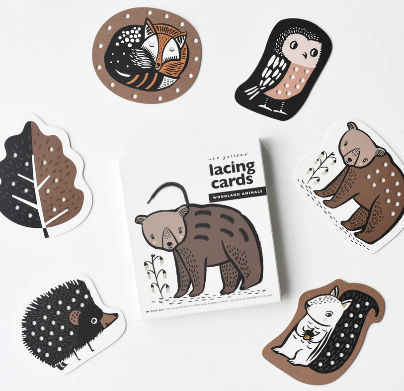Woodland Lacing Cards with hand-illustrated animals including bear, owl, fox, and hedgehog for kids' motor skills development.