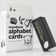 Woodland Alphabet Cards featuring high-contrast animal illustrations and bold letters for toddler learning and baby engagement.