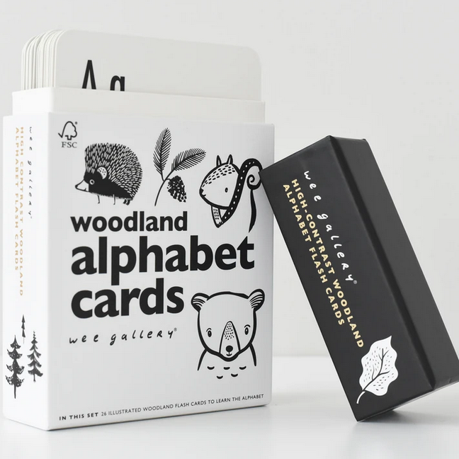 Woodland Alphabet Cards featuring high-contrast animal illustrations and bold letters for toddler learning and baby engagement.