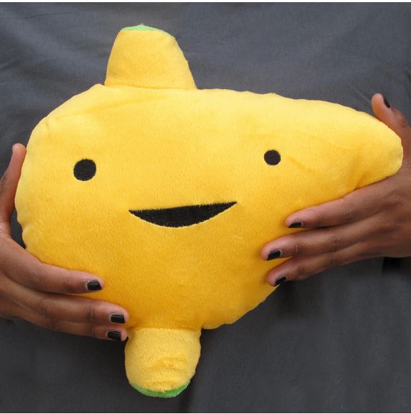 Soft and cuddly 10.5" Liver plush with a friendly smile, held in hands, perfect for liver lovers.