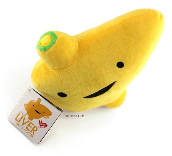 Soft and cuddly 10.5" Liver plush toy with a friendly face and educational mini-book hang-tag included.