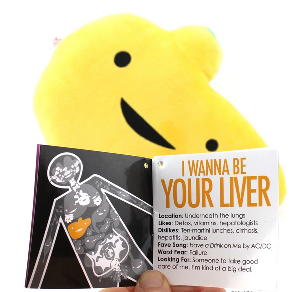 Soft and cuddly 10.5" x 9.5" x 3.5" Liver plush with educational mini-book, designed to teach and delight.