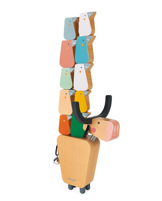 Balancing Water Buffalo wooden game with colorful birds stacked on buffalo's back, a fun skill toy for kids aged 3+