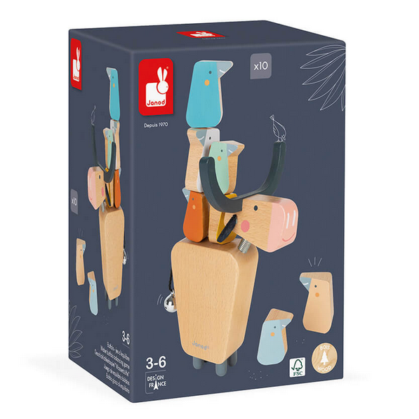 Balancing Water Buffalo wooden game with colorful birds for children ages 3-6, promoting skill and patience development.