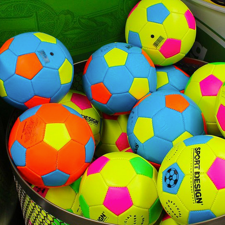 Soccer Ball | Neon assortment of size 5 balls in bright blue, yellow, orange, green, and pink colors for ages 3 and up.