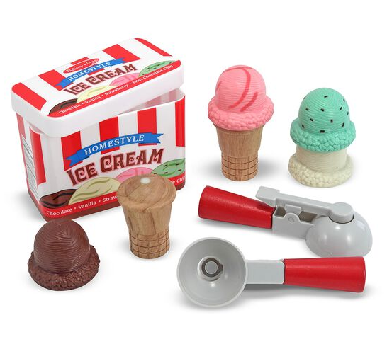 Scoop & Stack Ice Cream Set with magnetic scoopers, four toy scoops, wooden cones, and storage container.