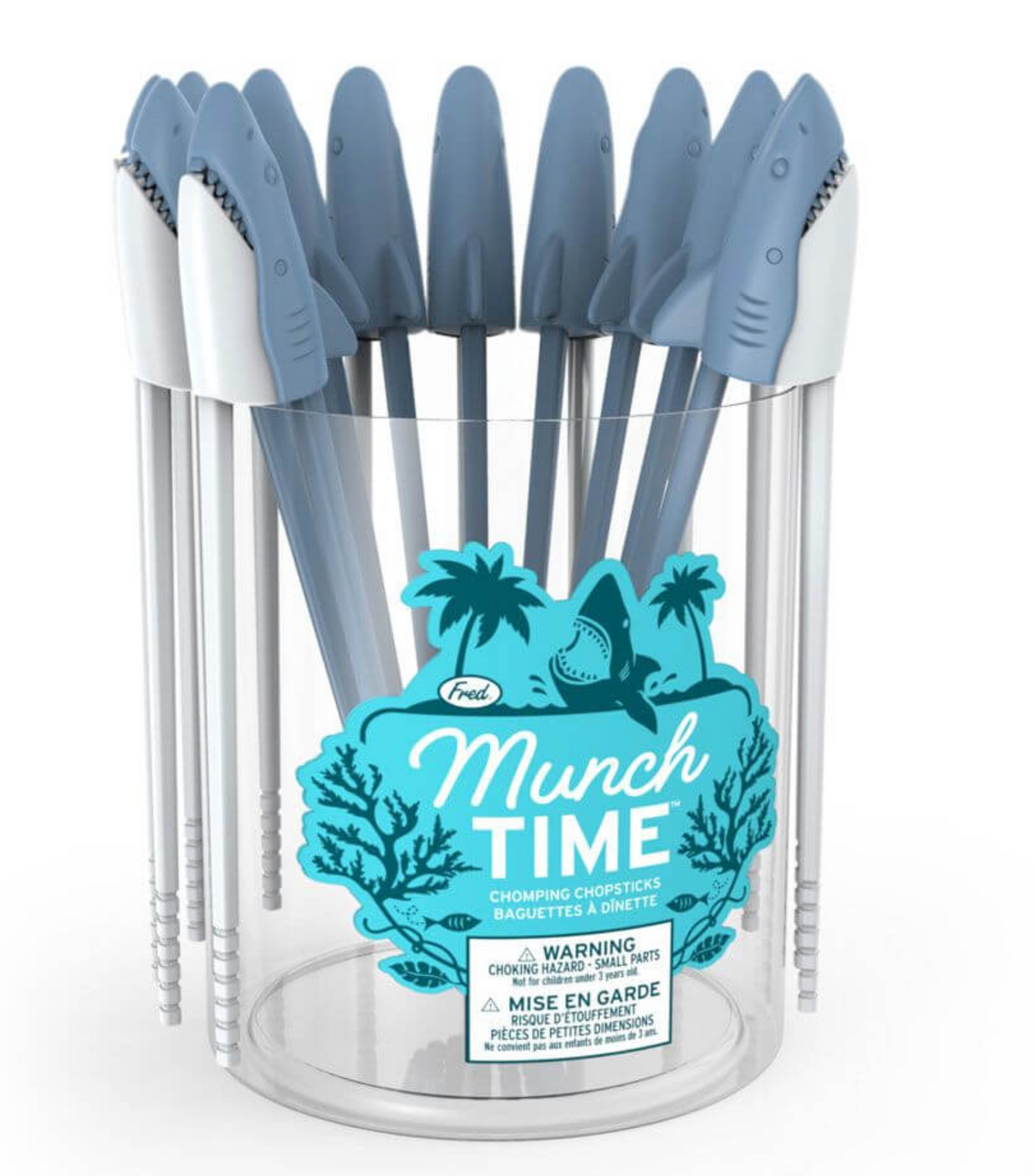 Munchtime Chopsticks Shark in container, blue and white chomping chopsticks with shark design for kids' meals.