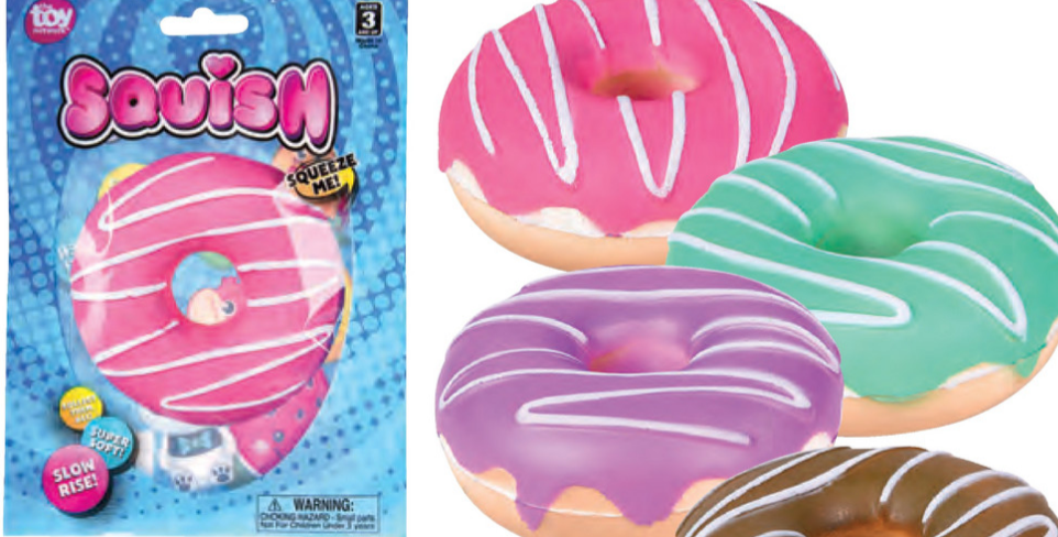 Squishy Donut soft, slow rising 3-inch toy in assorted colors perfect for stress relief and squeezing.