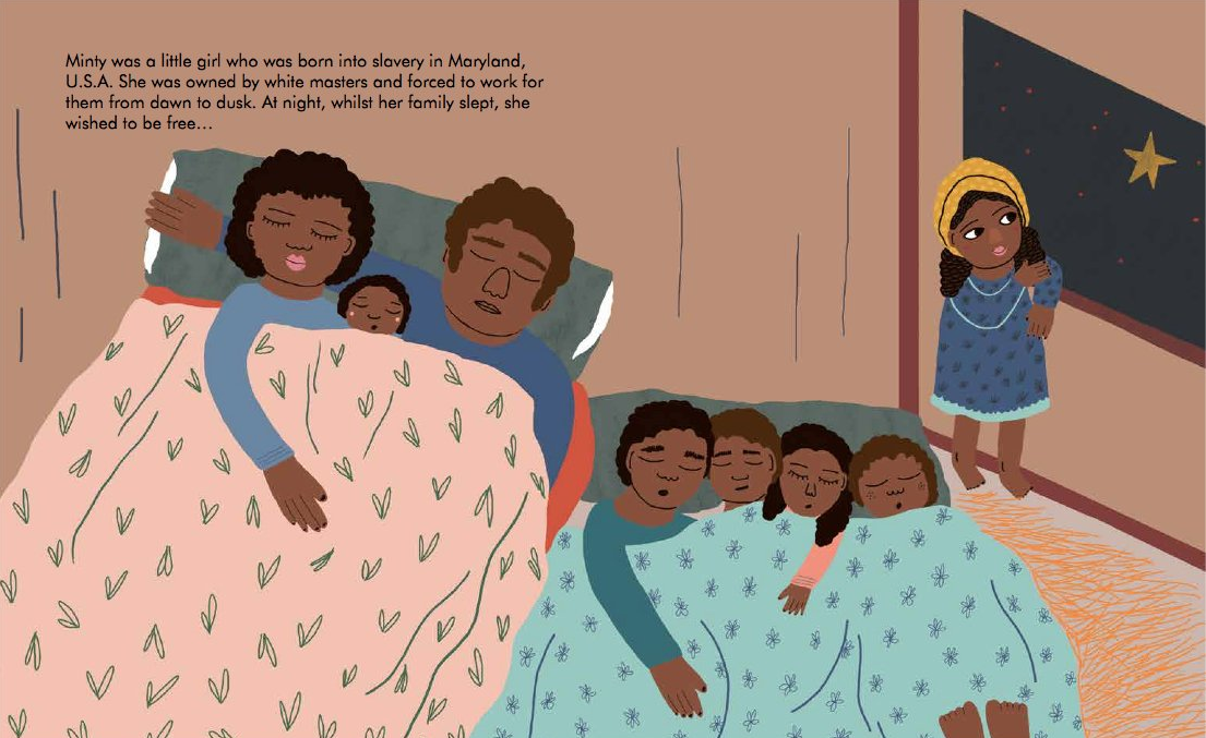 Illustration from Little People, Big Dreams: Harriet Tubman showing a family sleeping and a girl dreaming of freedom at night.
