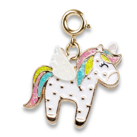 Gold Flying Unicorn Charm with glittery white enamel, pastel rainbow mane, and gold-tone base metal details.