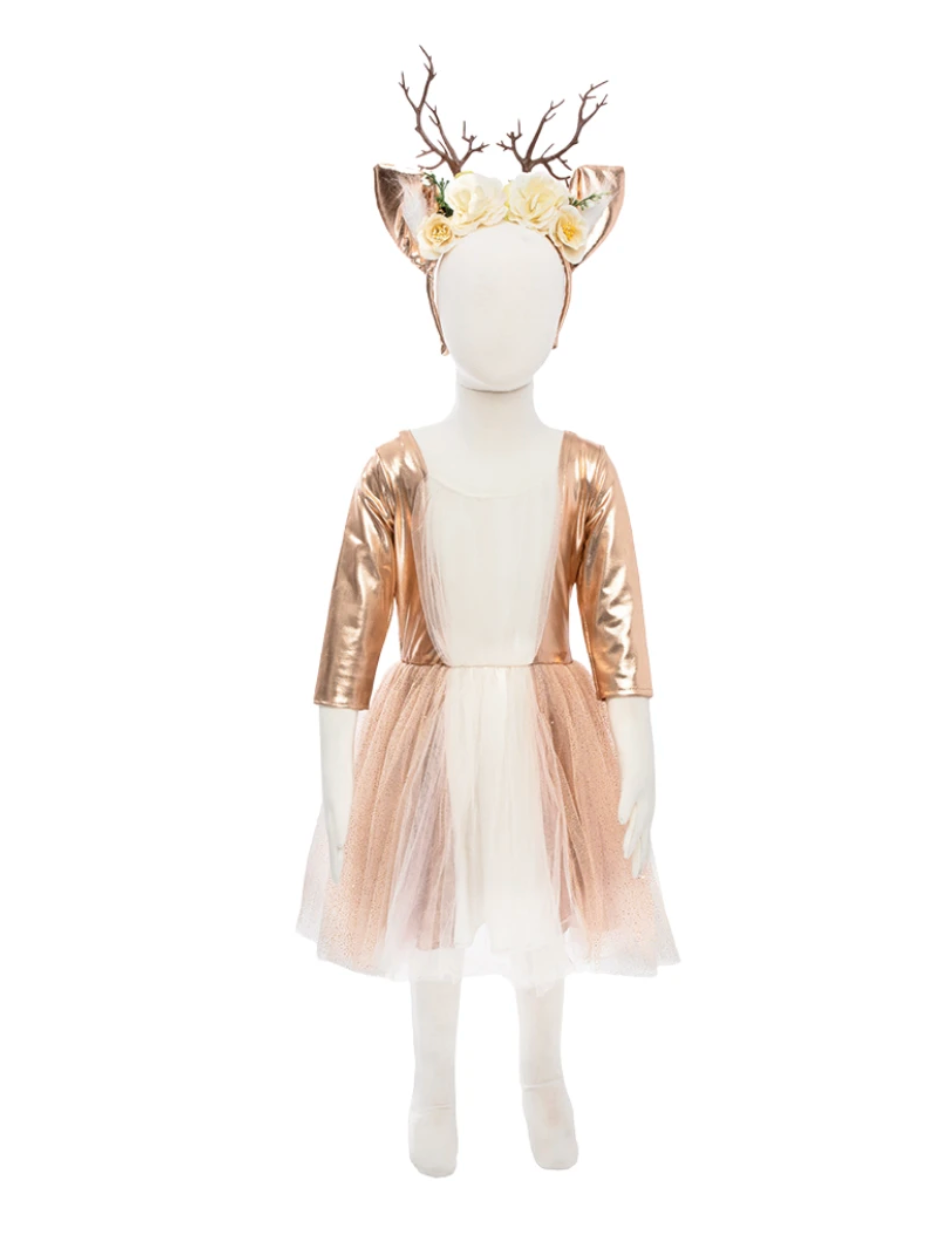 Woodland Deer Dress & Headband Size 5-6 with gold tulle skirt, ¾ sleeves, v-neck, and antler headband with flowers.