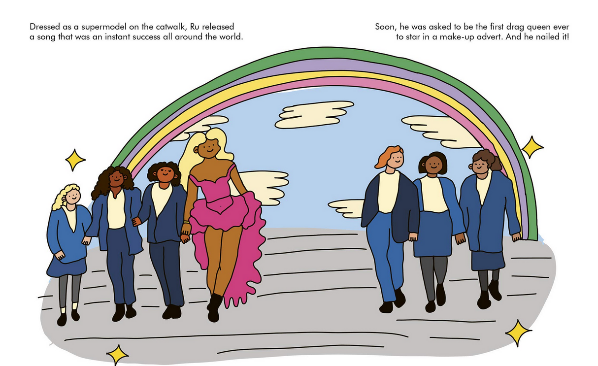 Illustration from Little People, Big Dreams: RuPaul showing RuPaul in a pink dress walking confidently with friends under a rainbow.