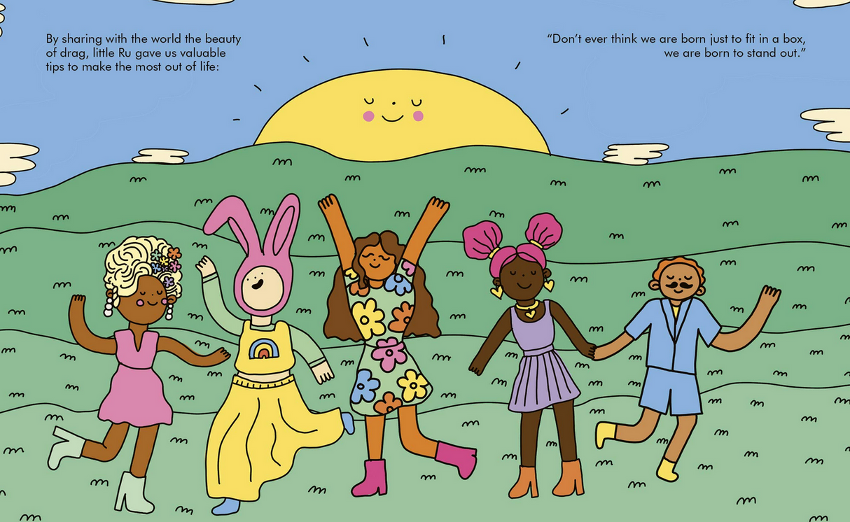Illustration from Little People, Big Dreams: RuPaul shows diverse children joyfully dancing under a bright sun in colorful outfits.