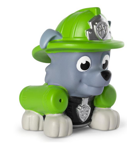 Paw Patrol Bath Squirter soft and squishy toy dog in green hat squirting water for bath play fun.