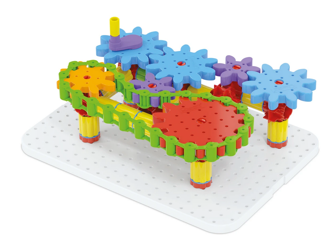 Colorful interconnected gears forming a chain reaction on a white base with Georello Tech Gears toy.
