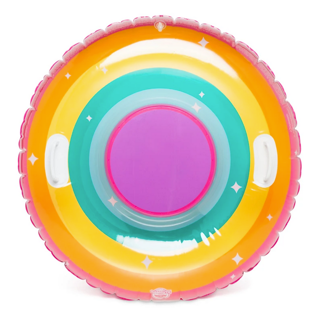 Snow Tube | Rainbow with colorful rings, comfort grip handles, and durable 3-foot wide inflatable design for snowy hills.