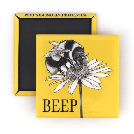 Beep Magnet showing a cute half sheep, half bumble bee on a daisy with a bright yellow background.