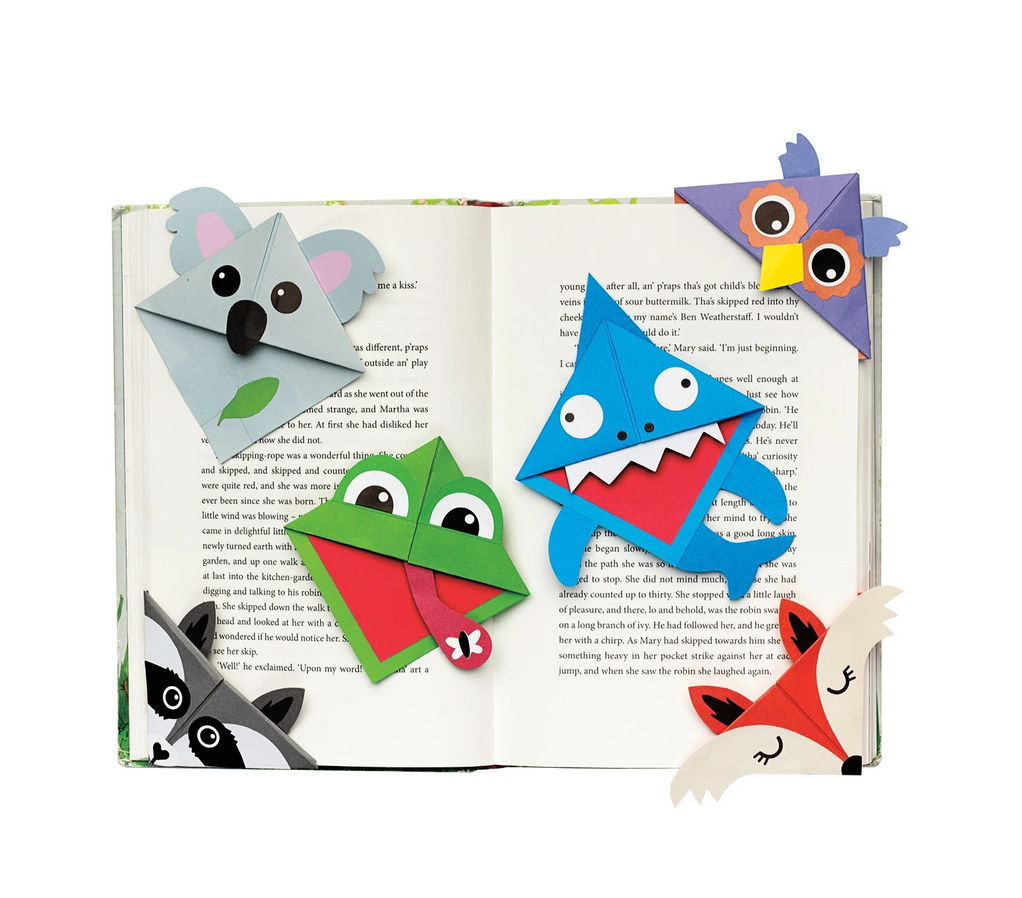 Corner Creature Bookmarks showing colorful origami animal designs marking pages in an open book for kids' creativity.