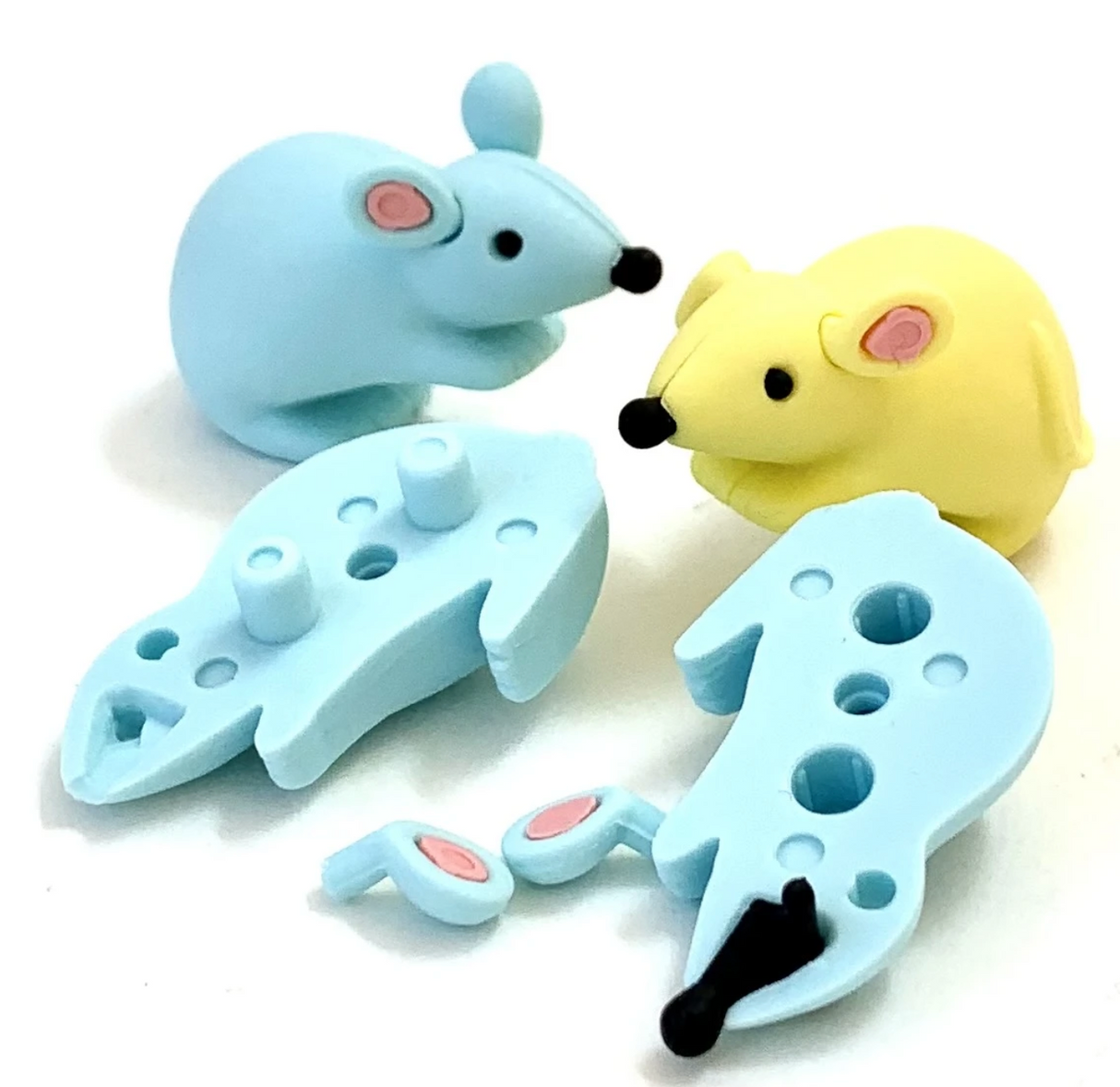 Japanese Eraser Mouse puzzle toy in blue and yellow, eco-friendly, handmade, and perfect for collections and gifts.