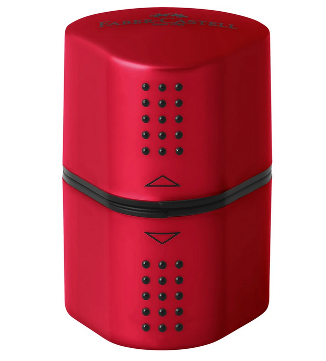 Red Pencil Sharpener Trio with three compartments for jumbo and regular pencils, designed for graphite and colored pencils.