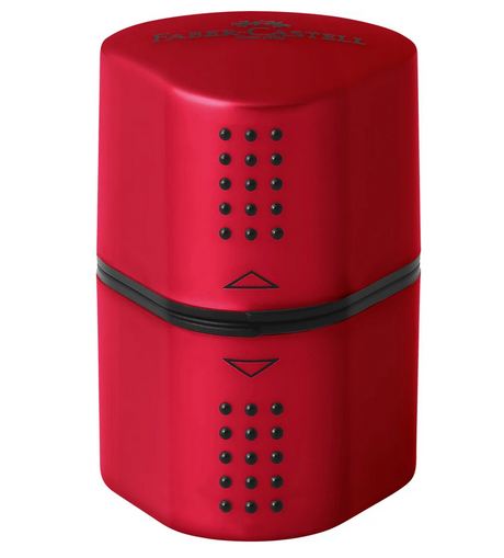 Red Pencil Sharpener Trio with three compartments for jumbo and regular pencils, designed for graphite and colored pencils.