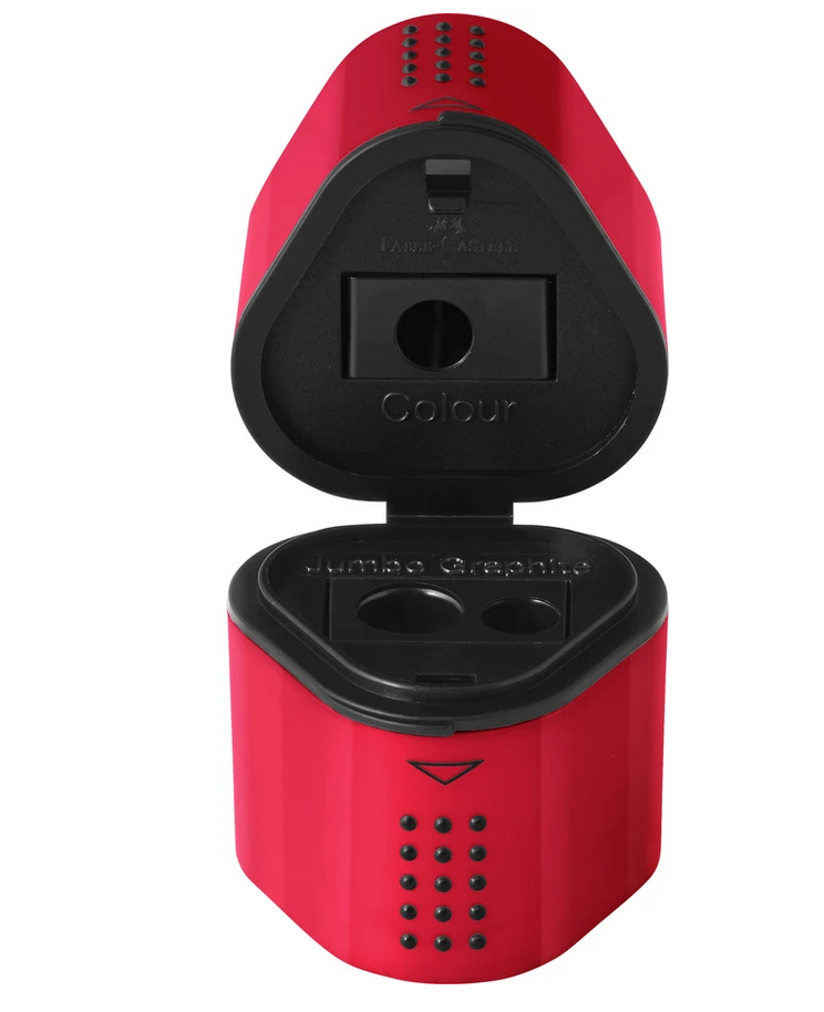 Pencil Sharpener Trio in red with compartments for jumbo and regular graphite and colored pencils shavings.