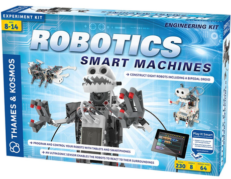 Robotics: Smart Machines kit box showing motorized robot models, coding tablet, and ultrasonic sensor features.