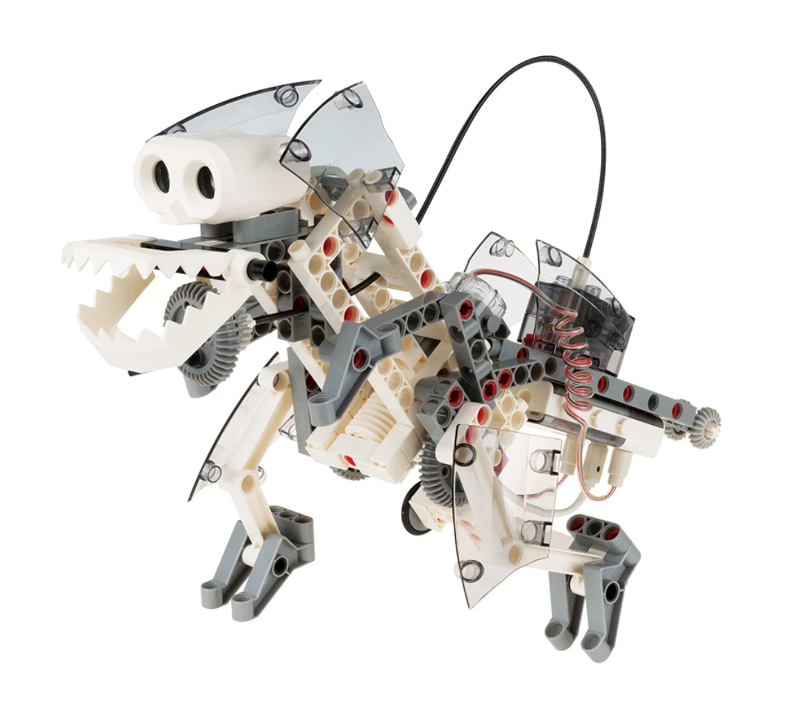 Robotics: Smart Machines dinosaur robot model built with motorized parts and sensors from the educational robotics kit.