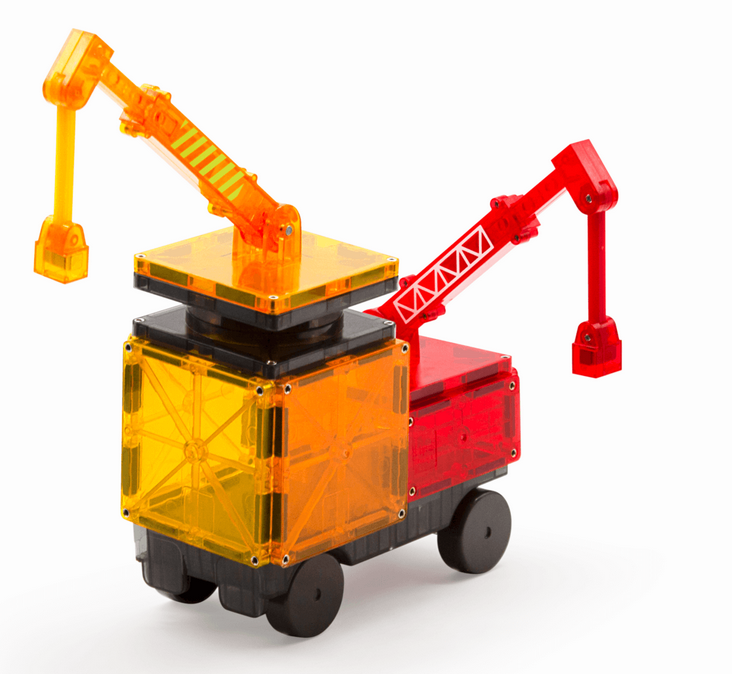 Magnatiles Builder 32pc with orange and red magnetic cranes on wheels for creative construction play.