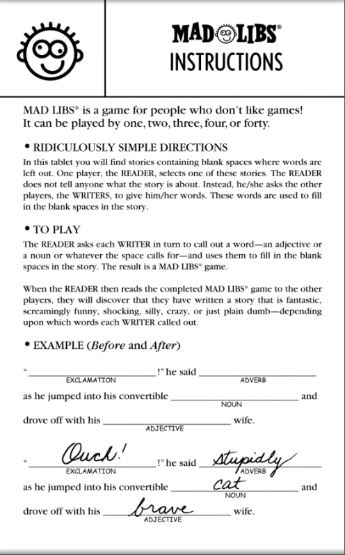 Mad Libs Slam Dunk instructions page showing how to fill blanks with verbs, nouns, adjectives, and adverbs for wordplay fun.