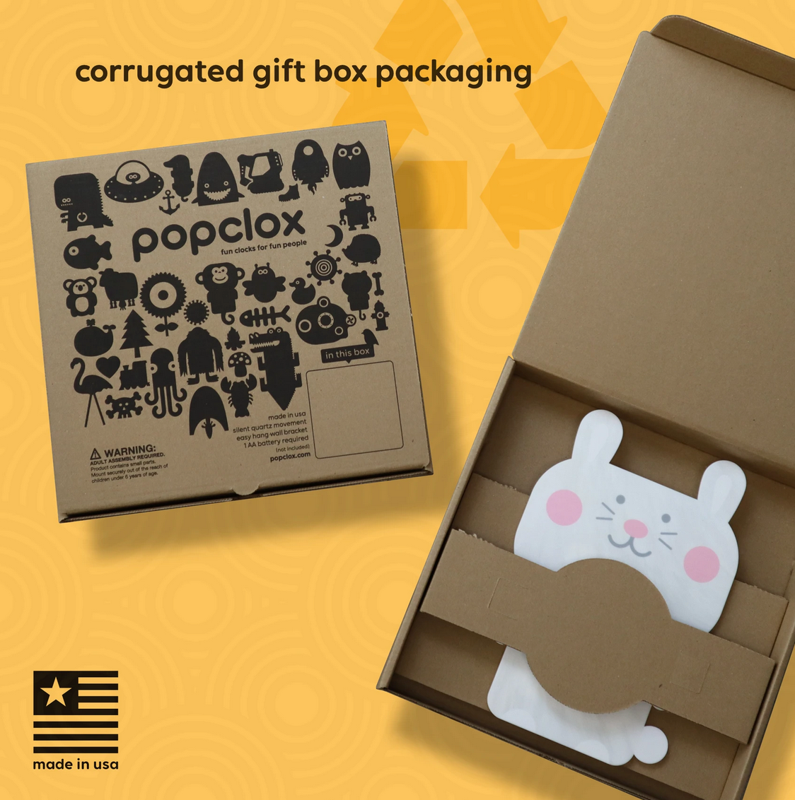 Acrylic Pendulum Clock | Dragon packaging showing corrugated gift box with cute mouse-shaped clock inside.