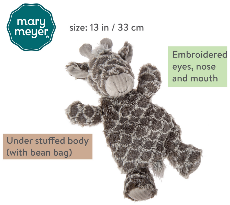 Afrique Giraffe Lovey with grey textured body, embroidered face, and under stuffed body with bean bag, 13 inches.