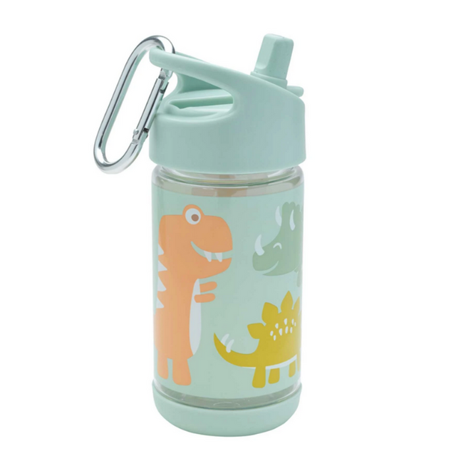 Baby Dinosaur Flip & Sip clear Tritan drink bottle with playful dinosaur design and mint green lid with carabiner.