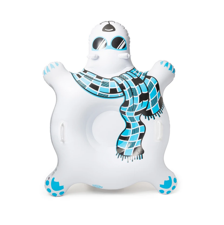 Snow Tube | Polar Bear featuring a four-foot inflatable polar bear with blue scarf and comfort grip handles for snowy hill rides.