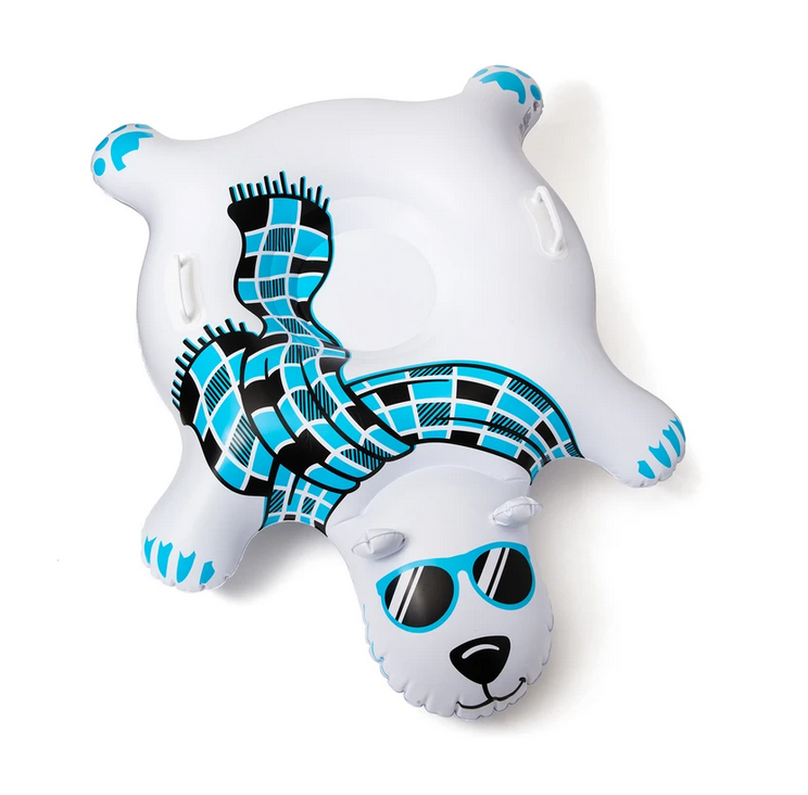 Snow Tube | Polar Bear inflatable snow tube with blue scarf and sunglasses, durable PVC and comfort grip handles for sledding fun.
