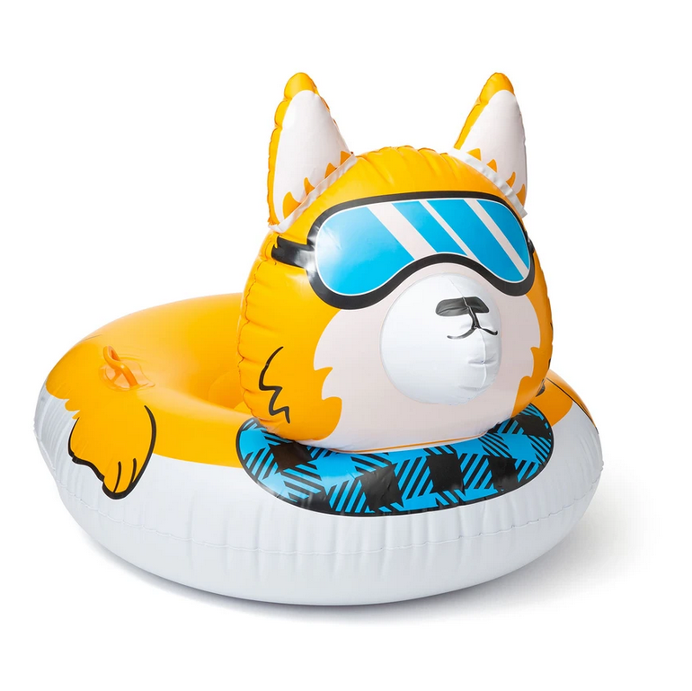 Snow Tube | Corgi inflatable snow tube with goggles and scarf, durable PVC, comfort-grip handles for winter slopes.