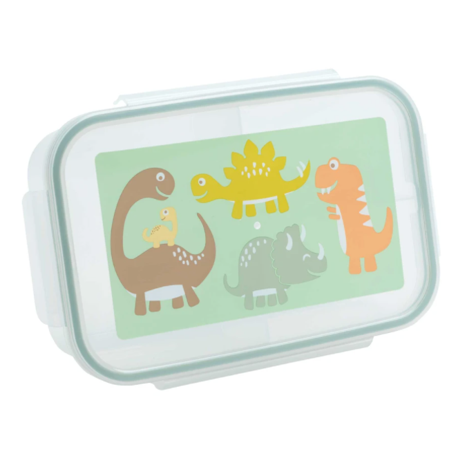 Good Lunch Bento Box | Baby Dinosaur with playful dinosaurs on lid, kid-friendly, airtight, and three compartments for easy meal packing.