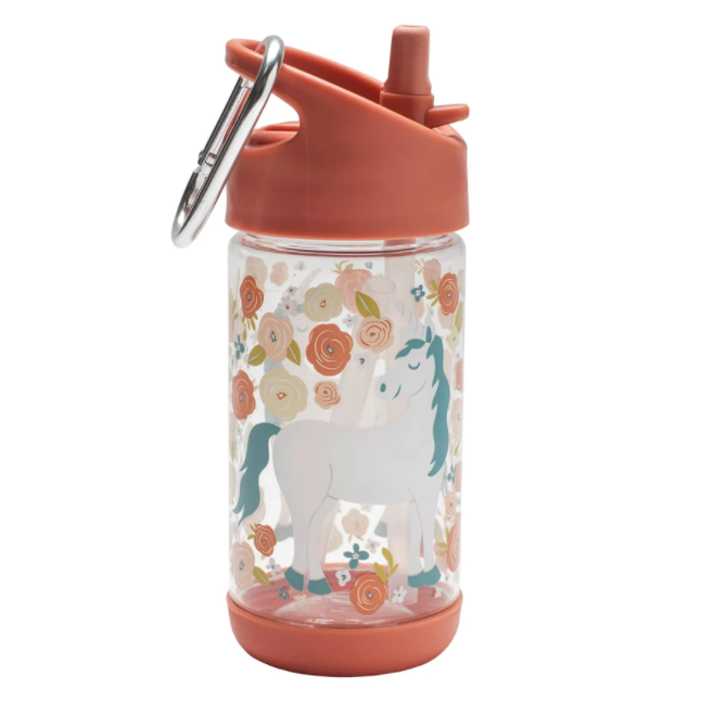 Flip & Sip | Unicorn clear Tritan bottle with soft unicorn and flower design, kid-friendly lid, and carabiner clip.
