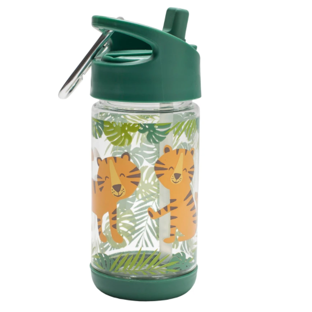 Flip & Sip | Tiger clear Tritan water bottle with playful tiger and palm designs, green lid, and carabiner attachment.