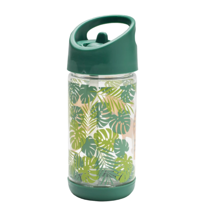 Flip & Sip | Tiger clear Tritan water bottle with green lid and tropical palm leaf design for kids.