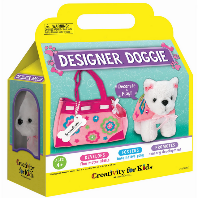 Designer Doggie toy set with plush dog, velvet purse, collar, leash, cape, bows, and peel-and-stick decorations.