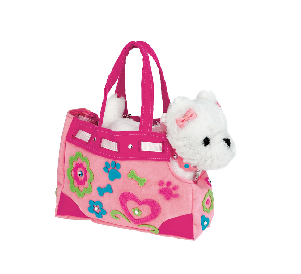 Designer Doggie pink purse with plush white dog, felt accents, rhinestones, and decorative flowers and bones.