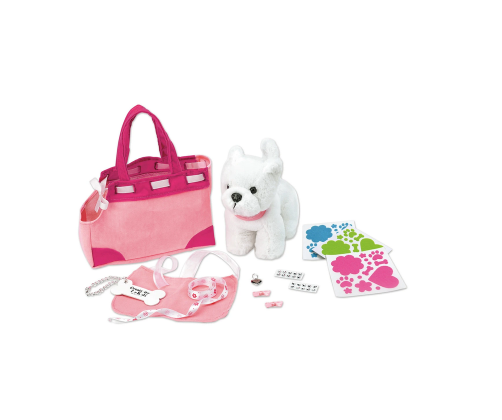 Designer Doggie set with plush white dog, pink purse, velvet collar, satin leash, bows, and name tag accessories.