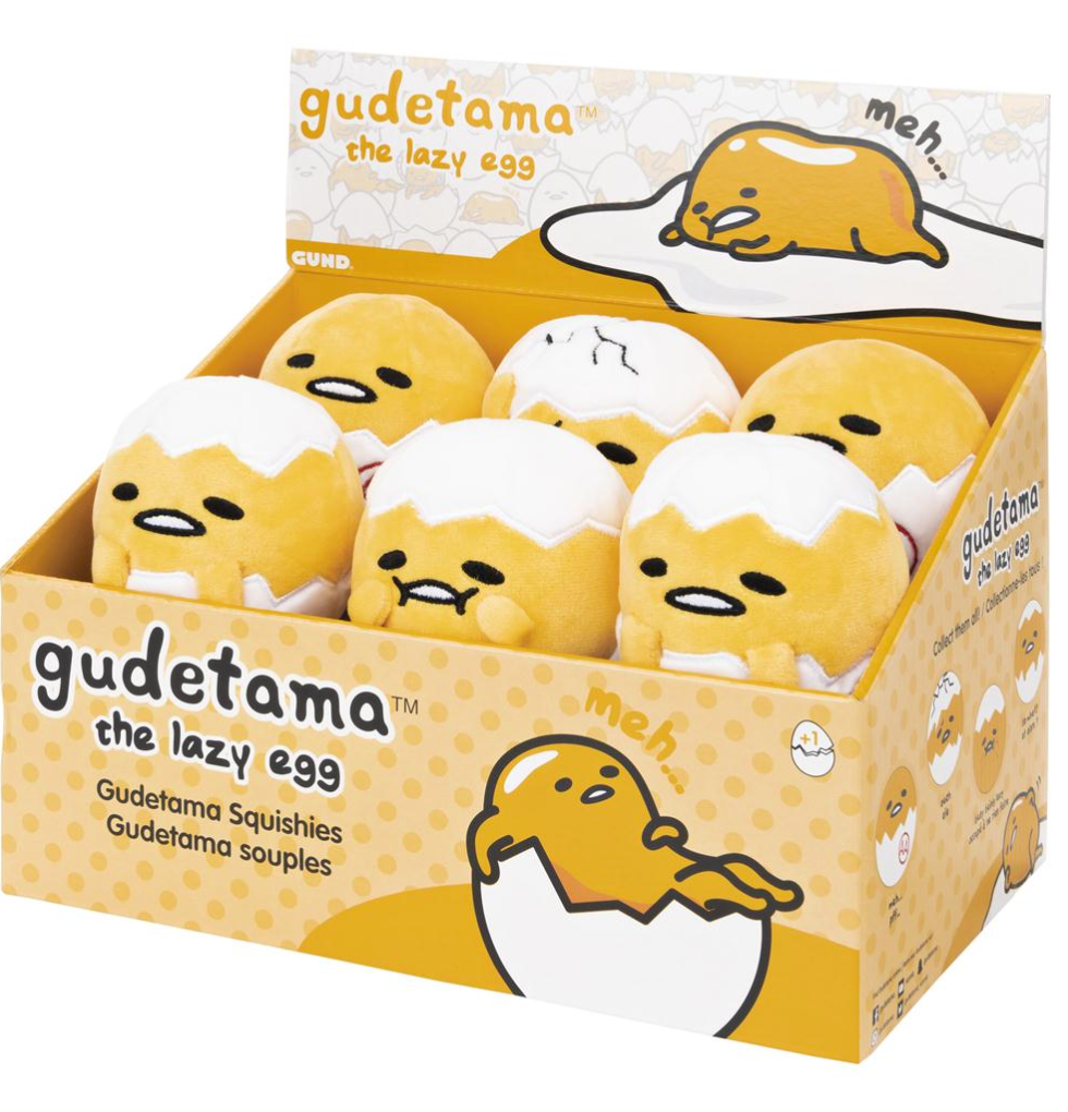 Gudetama Round Squishy plush toys in assorted styles, featuring the lazy egg character popping from its shell.
