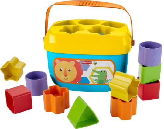 First Blocks Sorting Bucket with colorful chunky blocks for toddlers to sort shapes and learn colors, easy-carry handle included.