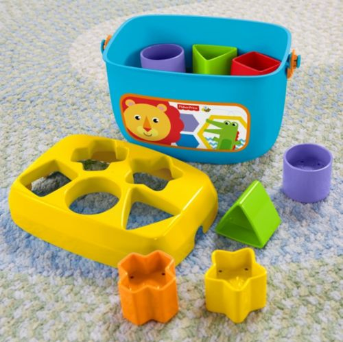 Colorful Baby's First Blocks Sorting Bucket with shapes and lid for stacking and sorting toddler toys.