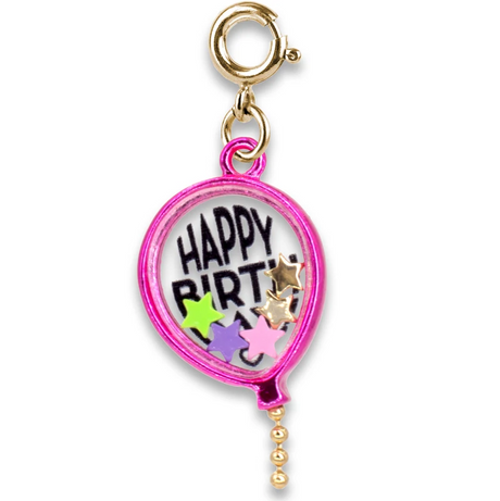 Gold Birthday Balloon Shaker Charm with colorful stars inside a pink enamel balloon and gold clasp for bracelets or necklaces